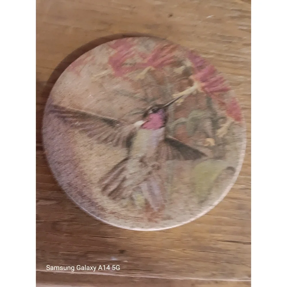 Hummingbird Stone Coasters Set of 4 Round Sandstone Cork Back Floral Drink